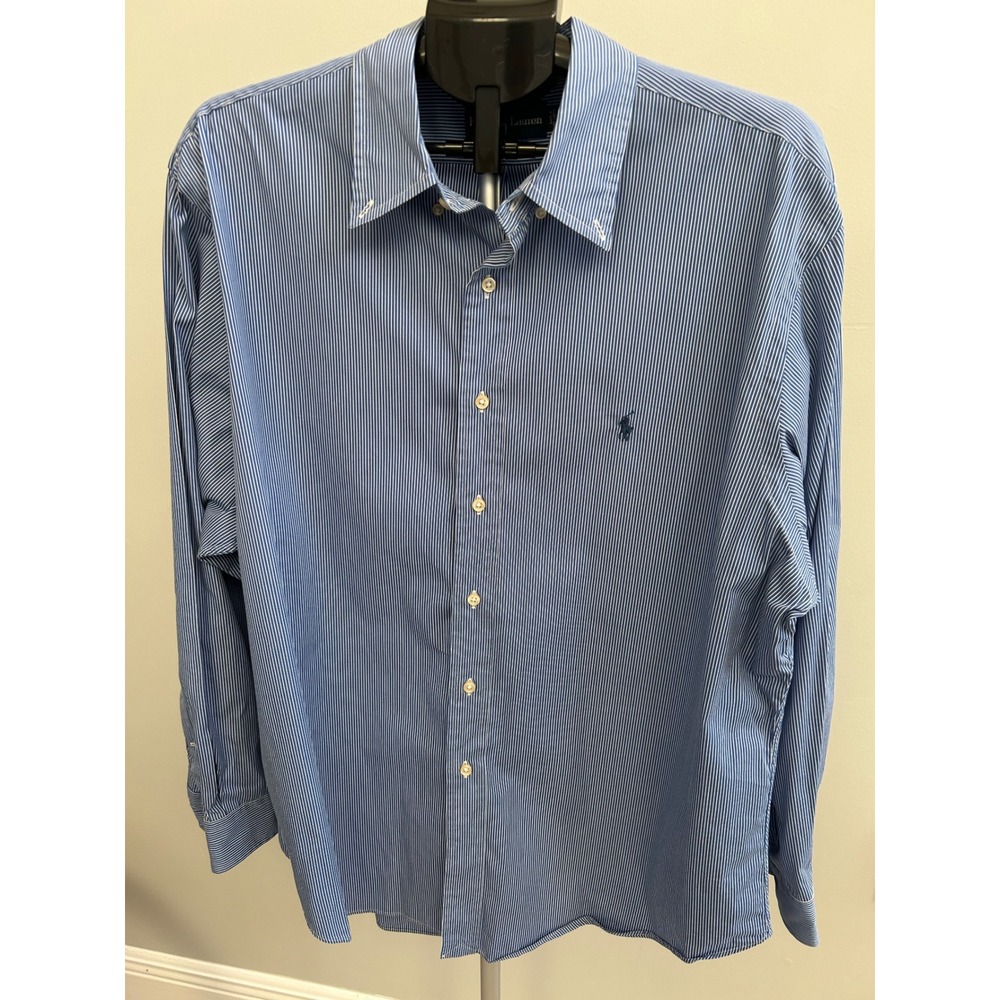 Ralph Lauren Classic Fit Blue White Striped Button Down Shirt Mens 18 34/35